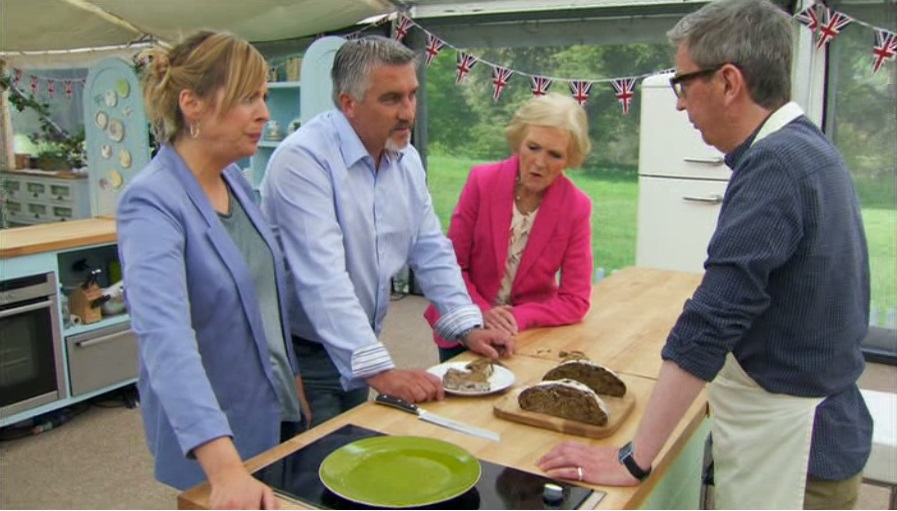 From left to right: comedian Mel Giedroyc, judge Paul Hollywood, judge Mary Berry, and contestant Howard Middleton (Great British Baking Show Season 2)